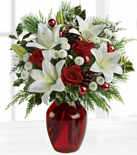 Shimmering Pines in a Red Vase